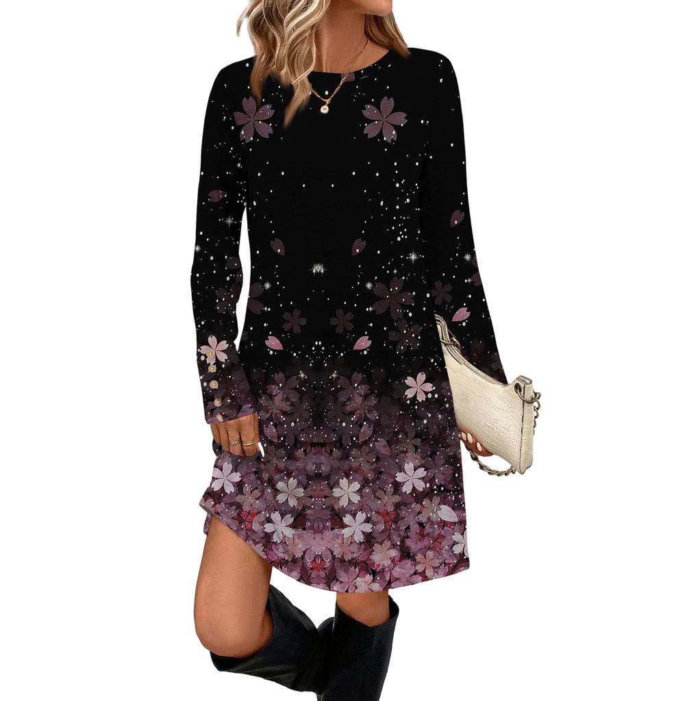 Women's Fashion Casual Dress With Pocket Decorative Buttons, Round Neck And Long Sleeves