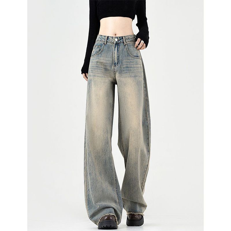 Свободные драпированные широкие джинсы с высокой талией, женские новые прямые брюки в стиле ретро в стиле ретро, ​​большие размеры