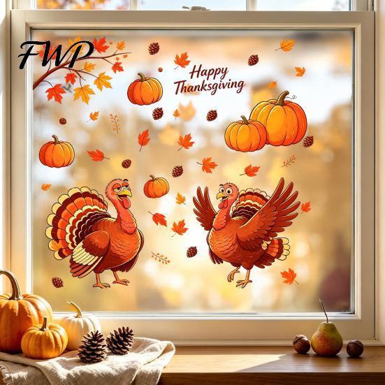 Thanksgiving Creative Gifts Static Window Clings, Cartoon Double Turkey Pumpkin Maple Leaf No?Glue Waterproof PVC Film Glass Decals, Stickers