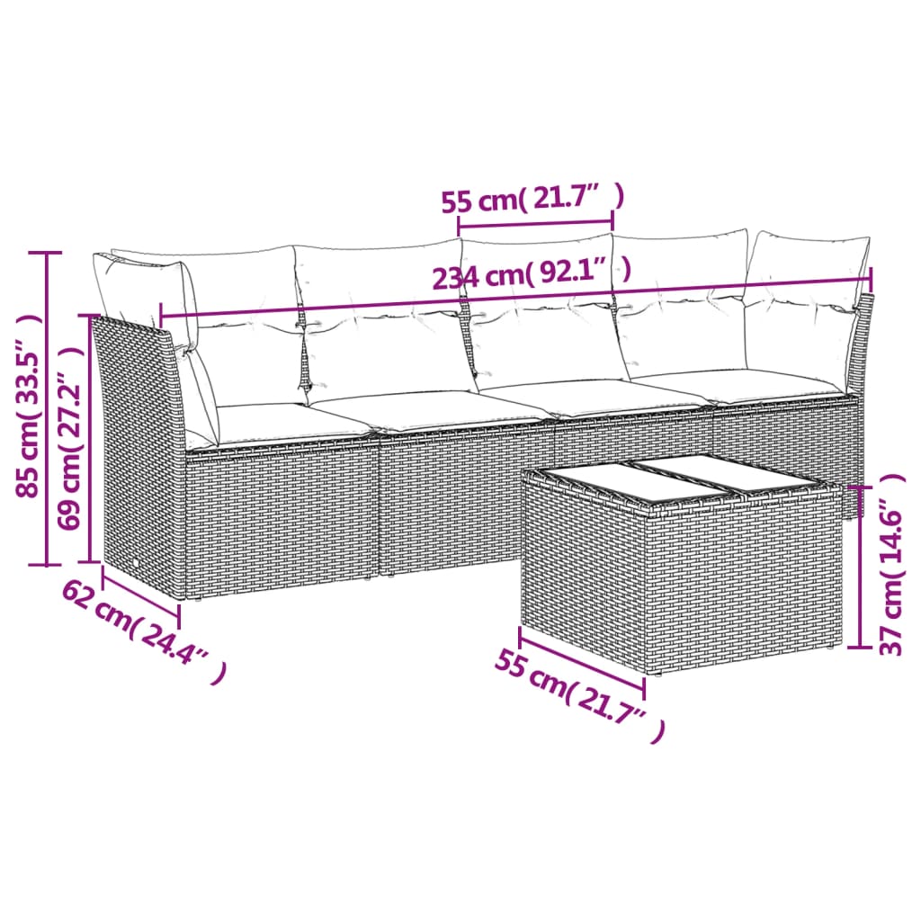 5 Piece Garden Sofa Set with Cushions Brown Poly Rattan