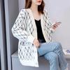 Свитер с бриллиантами, женский кардиган, зима 2023, средней длины, с v-образным вырезом, черный и белый, классический цветной вязаный кардиган, женский свитер