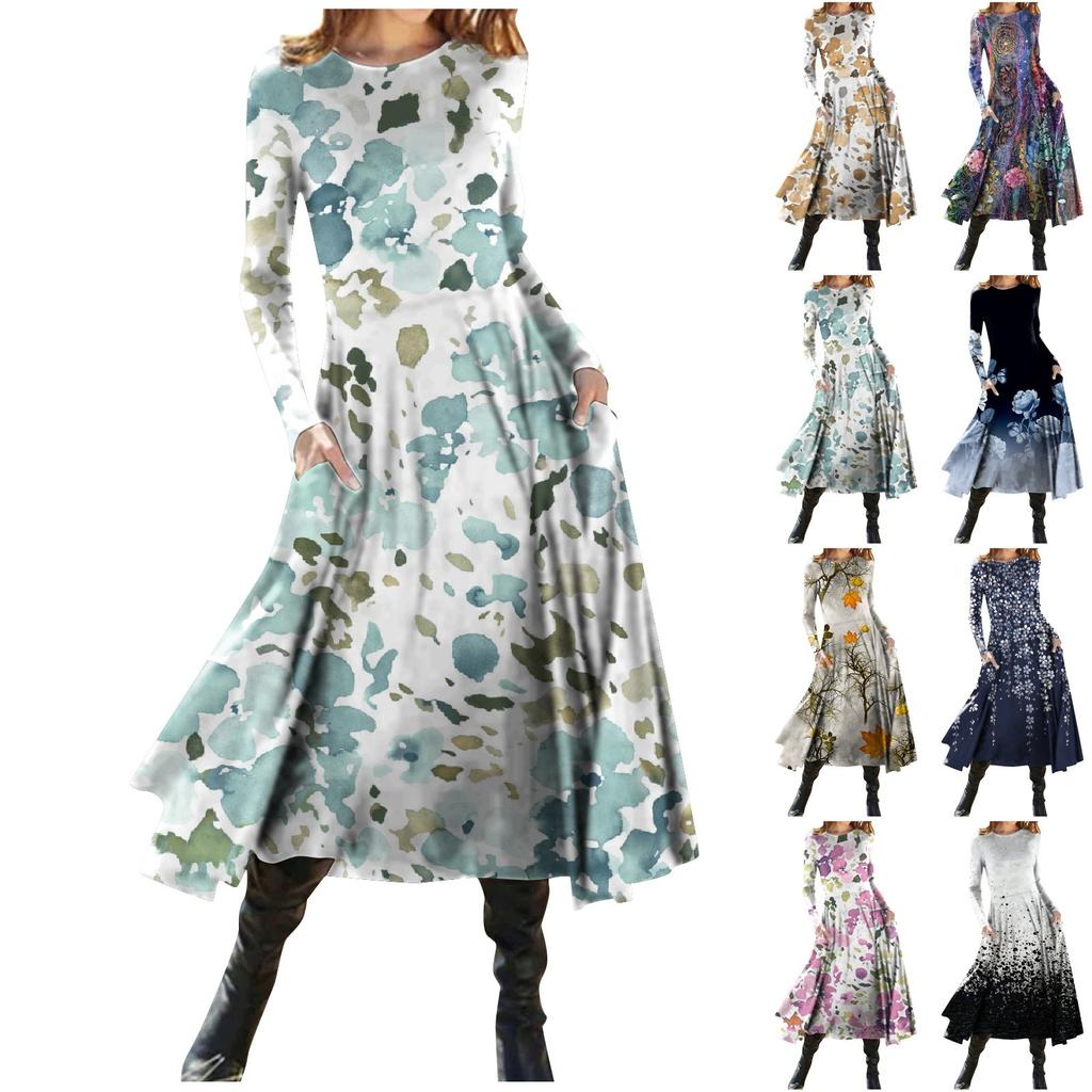 Women's Fashion Casual Printed Round Neck Pullover Slim Fitting Long Sleeve Dress