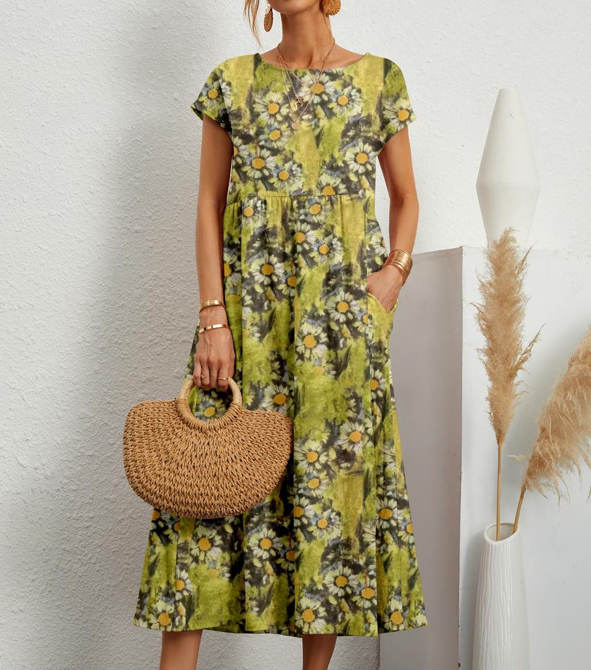 Women Dress Round Neck Printed Short Sleeved A-line Maxi Skirt Unique Floral Long Dresses