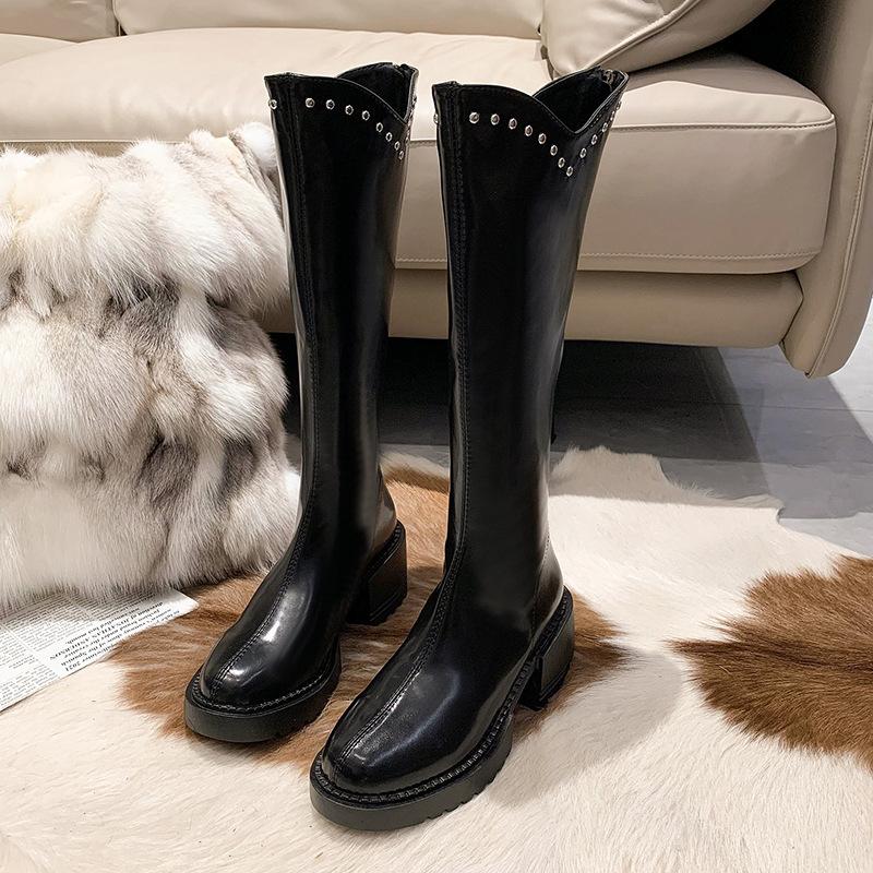 Флисовые ботинки женские 2024 зима новые высокие ботфорты на толстом каблуке ретро ботинки до колена женские ботинки