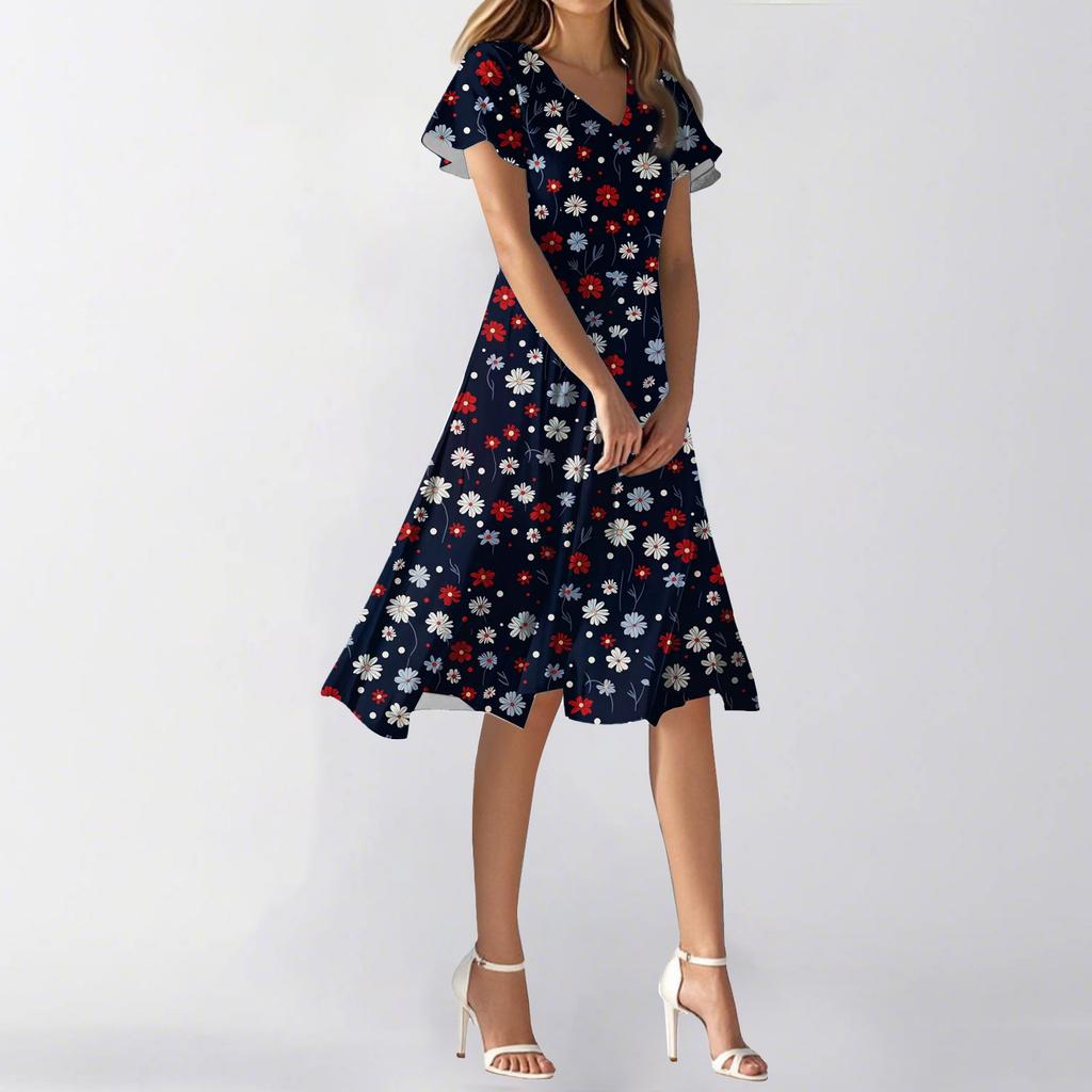 Женское летнее повседневное модное платье с цветочным принтом и V-образным вырезом, короткая юбка с коротким рукавом