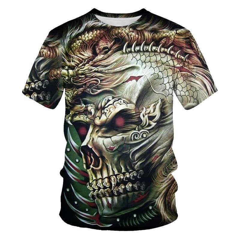 2026 Mens Streetwear Graphic Tee 3D Skull Print Loose Fit Crew Neck Short Sleeve Cotton T-Shirt
