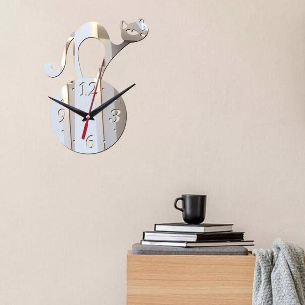 Креативные настенные часы с кошкой, зеркальные, без рамки, на батарейках, настенные часы для декора гостиной дома