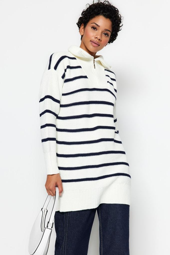 Женский модный стильный хиджаб-свитер, черный, в полоску, с воротником, на молнии, вязаный свитер