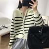 Cardigan Sweater Female Autumn New Little Fragrance Stripe O Neck Long Sleeve Knitted Cardigan Women Short Sweater Cardigan Coat
