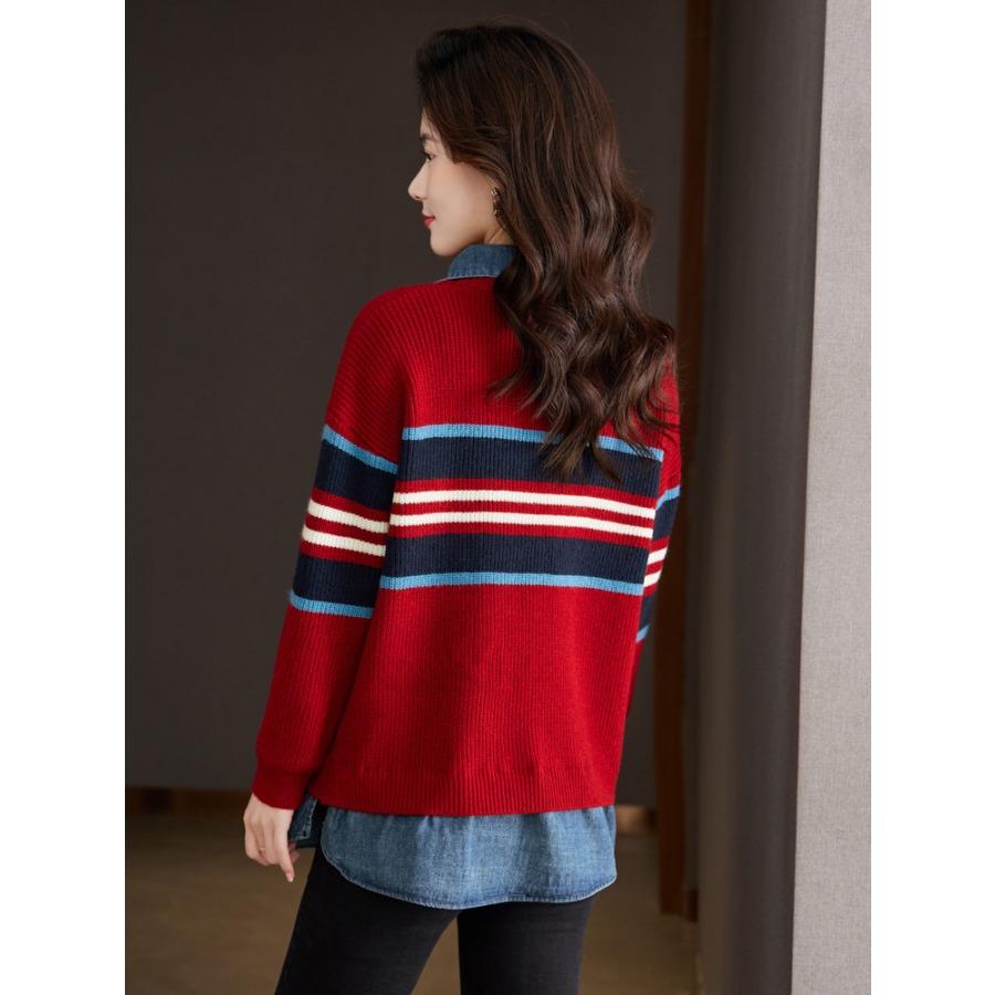 Поддельные свитера из двух частей, ковбойская рубашка, трикотажный свитер с лацканами в стиле пэчворк для осени и зимы, корейский женский пуловер, тренд