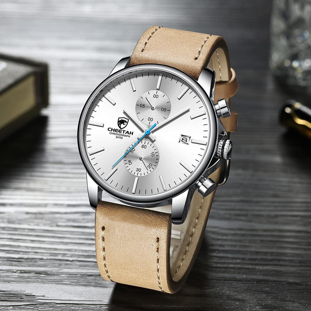 GOLDEN HOUR модные спортивные кварцевые часы с кожаным ремешком водонепроницаемый хронограф автоматическая дата в коричневых мужских часах, синие/красные стрелки, цвет черный,