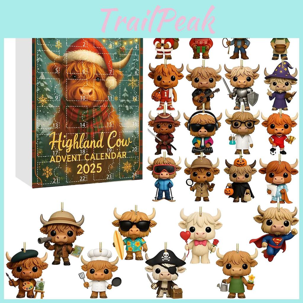 Cow Style Highland Christmas Countdown Calendar Blind Box Acrylic Decor Pendant