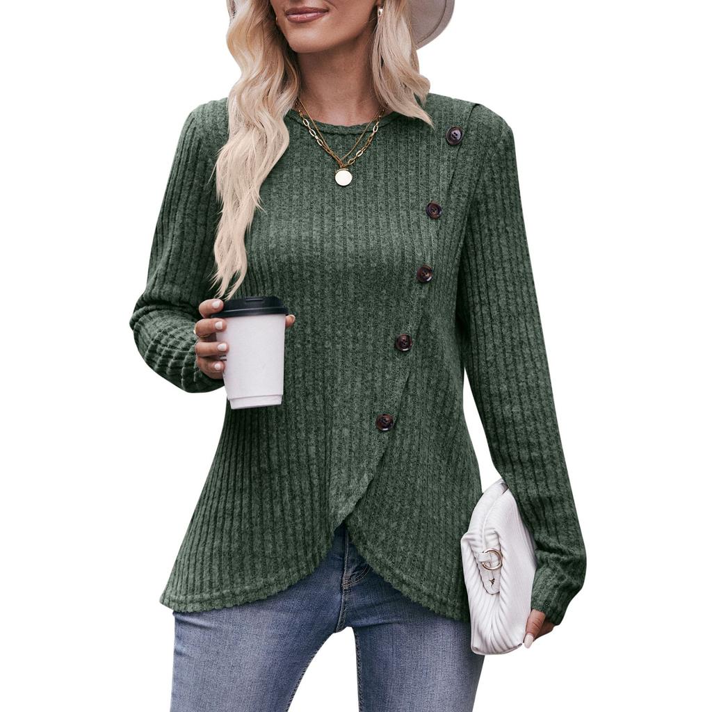 Женская эластичная трикотажная футболка с круглым вырезом в рубчик, модная однотонная футболка на пуговицах с нерегулярным низом