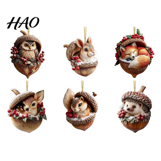 Elegant Holiday Decor Forest Animal Acorn Hanging Ornament, 2D Acrylic Flat Printed Tree Seasonal Ornaments for Christmas, Woodland Creature Pendant,
