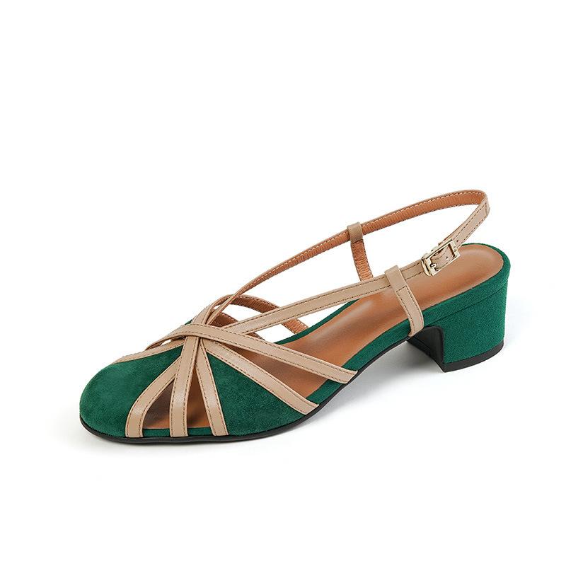 Baotou Back Empty Thick Heel Sandals Women's Summer New Women's Shoes Woven Thin Strips with Buckles Medium Heel Roman Shoes