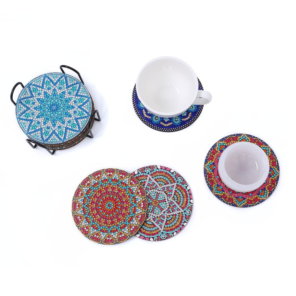 12 Pieces of Round Mandala Pattern Artificial Diamond Painted Wooden Wooden Table Art Coaster with Bracket