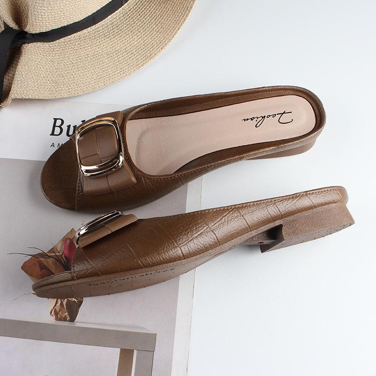 Женские тапочки с открытым носком, летние повседневные пляжные туфли с квадратной пряжкой, женская модная пляжная обувь на плоской подошве на низком каблуке Sandalias De Mujer