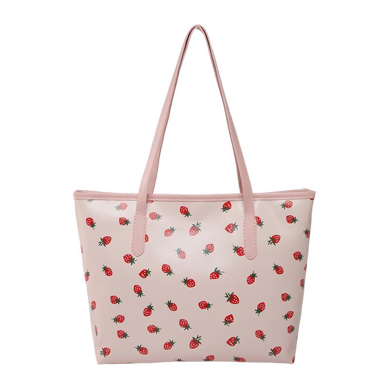 Sweet Cherry Printed Tote Bag For Women Large Capacity Street Style Pu Handbag