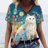 Summer Cartoon Cat Women's T Shirts Vintage Short Sleeve Tops Girls V-Neck Tees Female Clothing Oversized Pullover