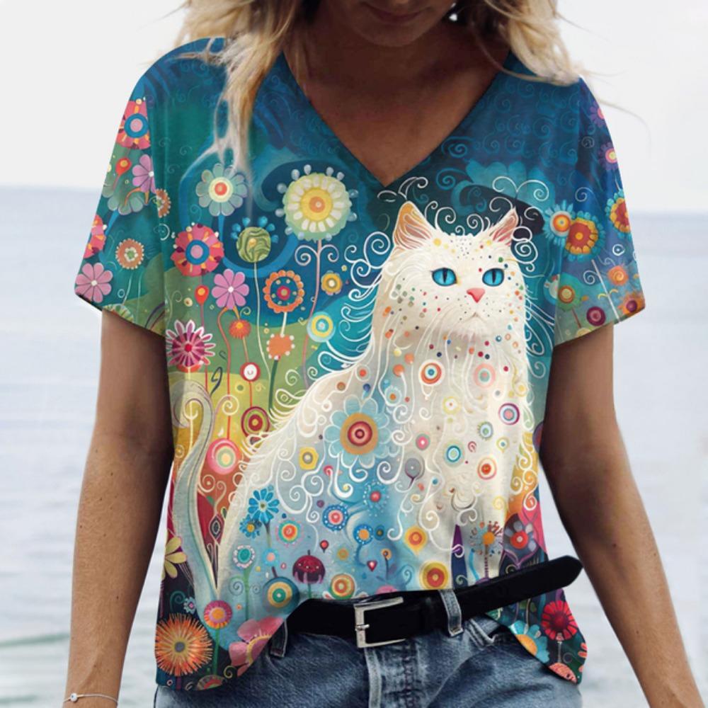 Summer Cartoon Cat Women's T Shirts Vintage Short Sleeve Tops Girls V-Neck Tees Female Clothing Oversized Pullover