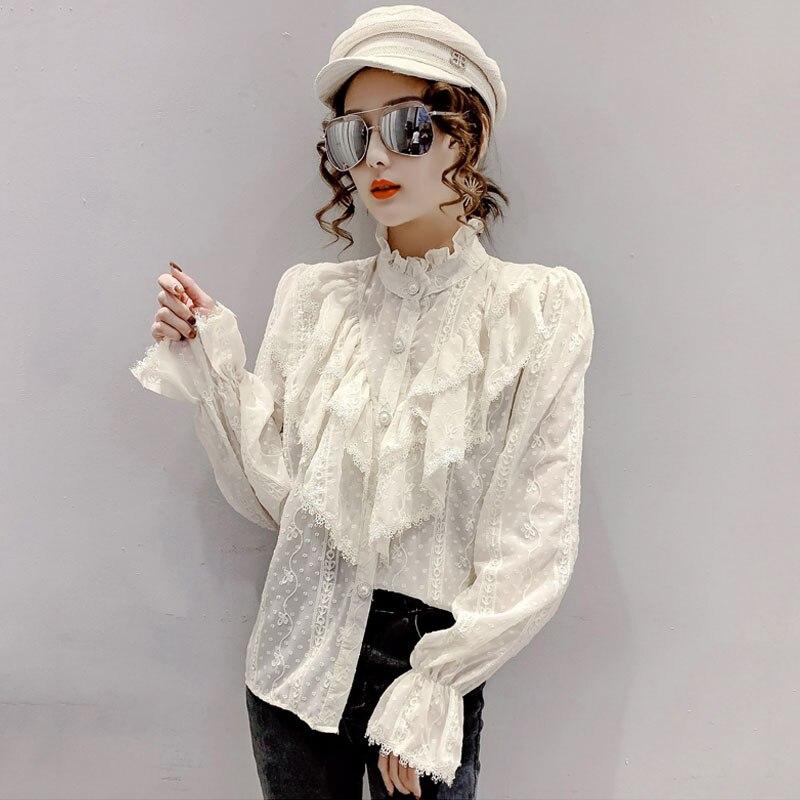 Fashion Ruffle Vintage Blouse Women Elegant Long Sleeve Lace Shirt Loose Chiffon Shirts Stand Collar Pleated Tops Blusas 15832