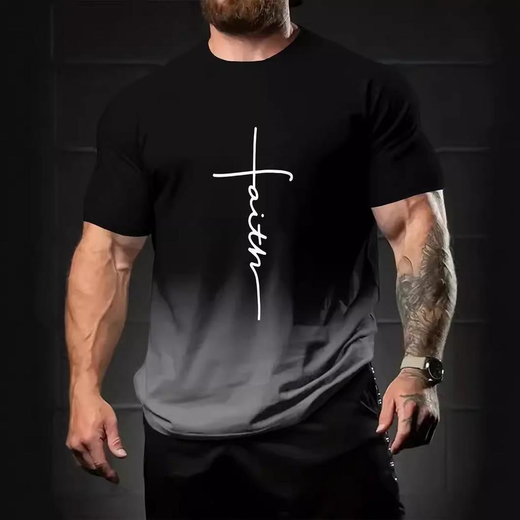 Летний топ с круглым вырезом и 3D-принтом градиентных букв, модная повседневная мужская футболка с коротким рукавом