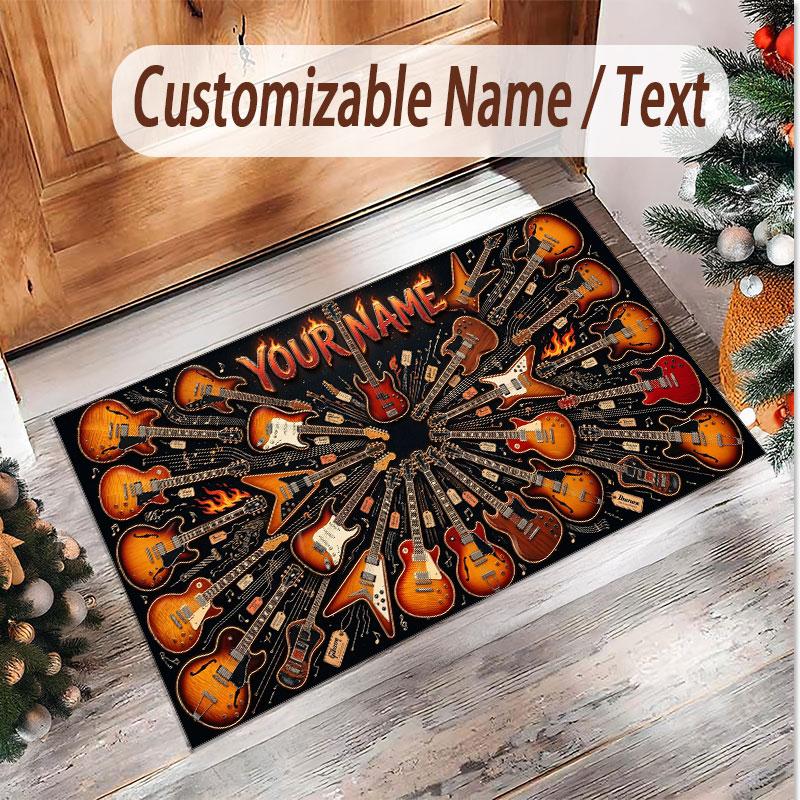 Music Guitar Theme Soft Crystal Velvet Rug Custom Name & Text Print Non Slip Floor Rug for Bedroom Living Room