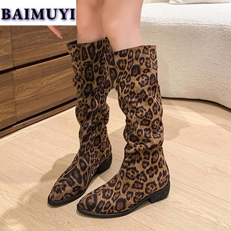 Сексуальные женские туфли с острым носком и леопардовым принтом, высокие сапоги до колена на среднем каблуке, модные тенденции 2025 года, элегантные массивные ботинки челси, туфли-лодочки Mujer Botas