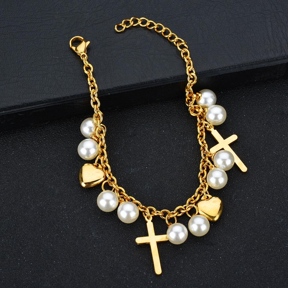 Bracelet Stainless Steel Name Custom Engrave Cross Personalized Heart Letter Bracelet O-Chain Pearl Fashion Gift for Women Girl