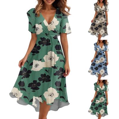 Женское свободное повседневное платье с V-образным вырезом, расклешенная юбка, короткие рукава, напечатанное платье с принтом