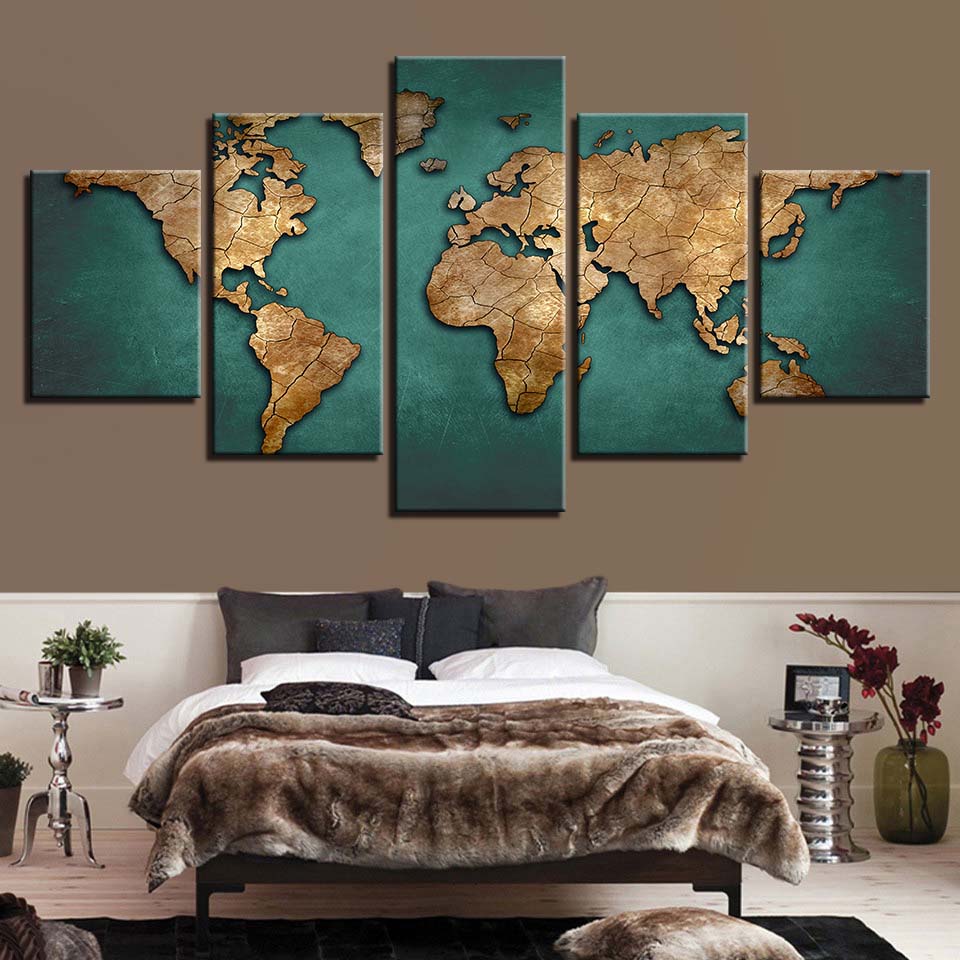 World Map On Green Background Poster 5pcs Modern Home Wall Decor Canvas Picture Art HD Print Painting On Canvas for Living Room