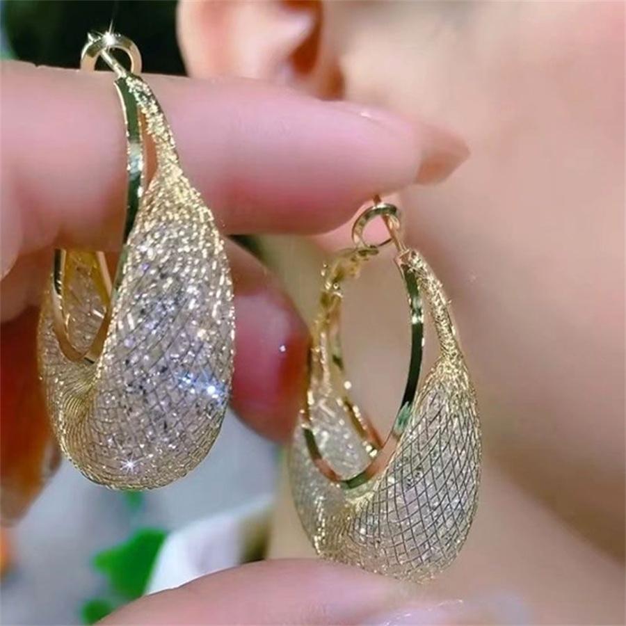 Minimalist Wire Mesh Zircon Round Hoop Earring for Women Unique Gold Color Loop Statement Party Jewelry
