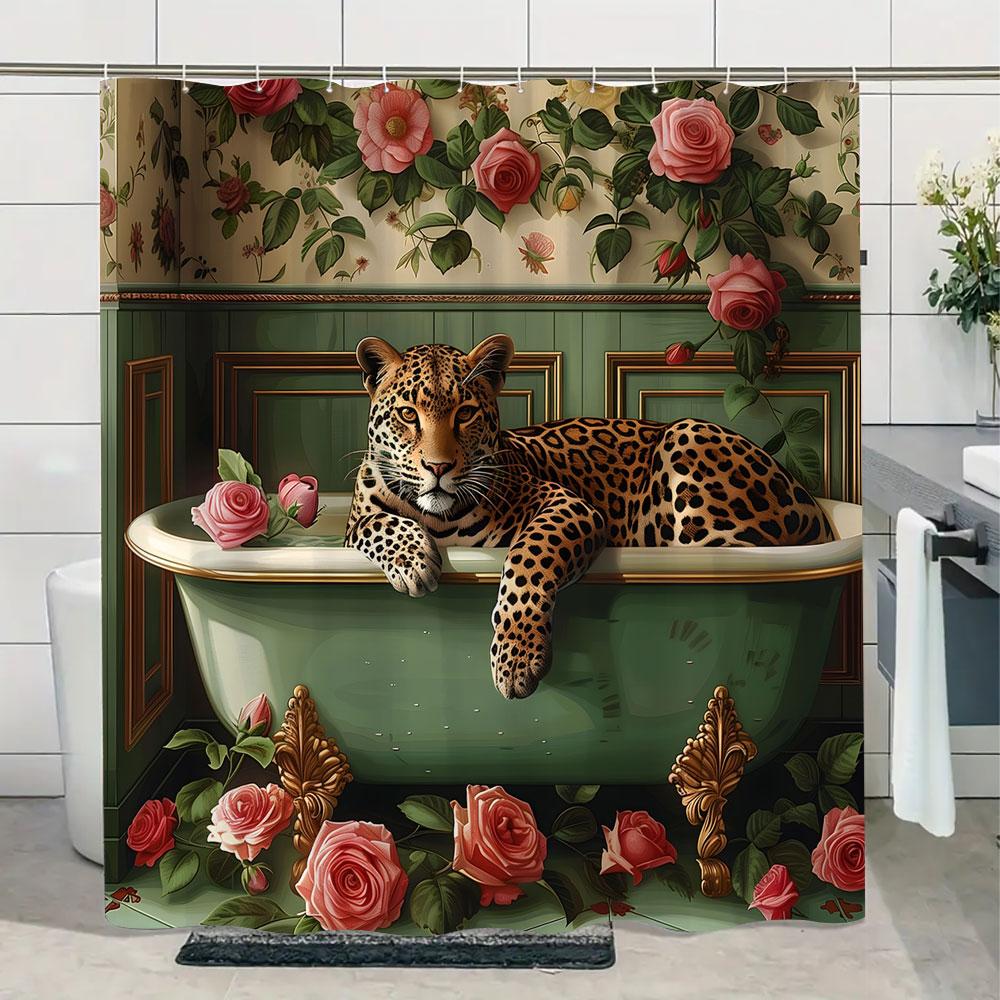 Шторка для душа «Дикая природа джунглей» с тигром, растениями, тропическими пальмовыми листьями, полиэстер, для ванной комнаты, с крючками, S