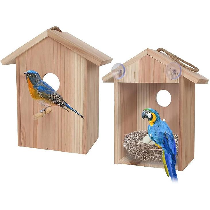 Wooden Bird House for Outside Bird Nesting Box Window Birdhouse for Viewing Bluebirds Houses for Outside with Strong Suction Cups