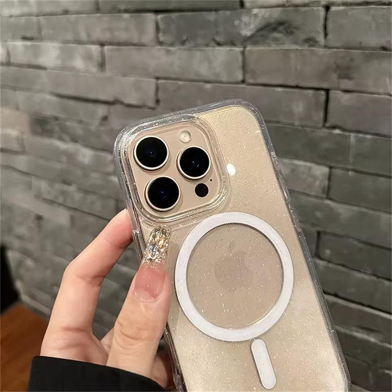Для Magsafe Bling Glitter Прозрачный ударопрочный чехол для iPhone 16 12 13 14 15 Pro Max Plus Armor Hard Lens Protection Cover