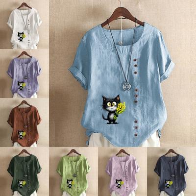 Женская мода Черная кошка держит цветы футболка с коротким рукавом с принтом свободная хлопковая рубашка повседневная свободная летняя блузка топы больших размеров