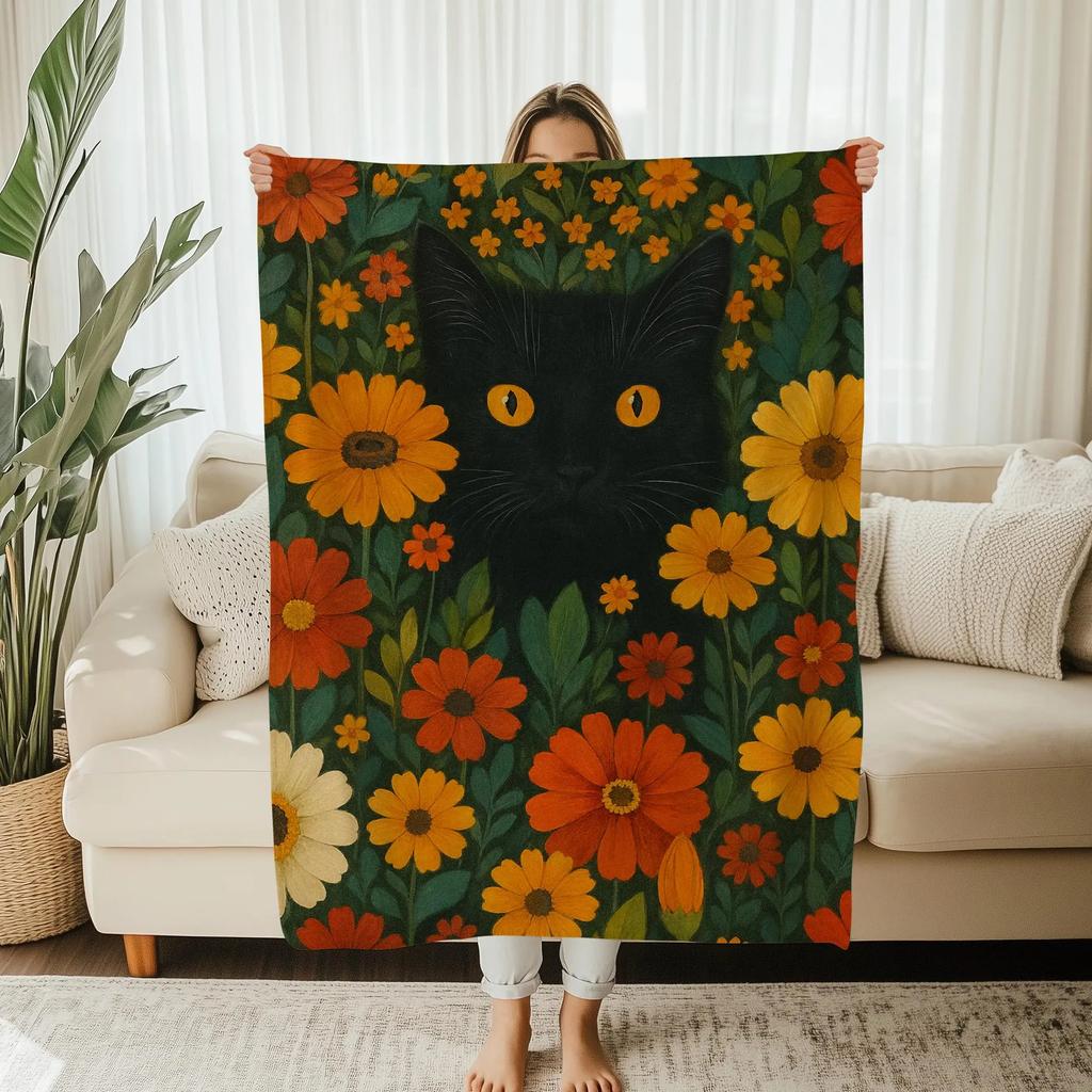 Black Cat Floral Flannel Throw Blanket Warm Soft Spring Travel Outdoor Sofa Cat Lover Gift