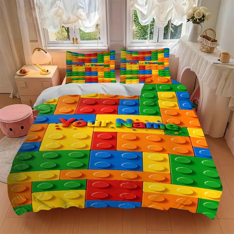 Custom Name Blocks Bedding 3 Piece Set HD Print Duvet Cover Pillowcases for Teens Adult Home Bedroom Decoration Christmas Gift