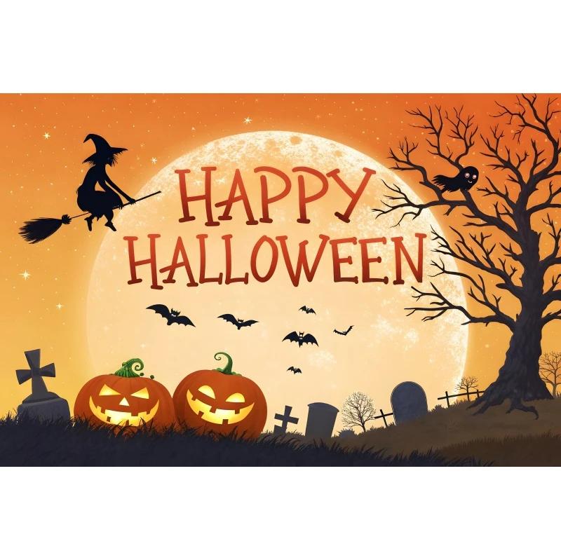 1pc Orenge Halloween Party Backdrop Moon Pumpkin Bats Witch Dustproof Banner for Halloween Themed Party Background Decoration
