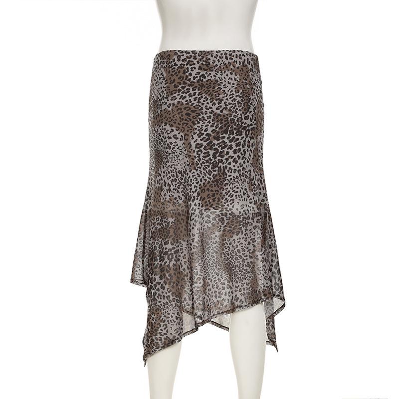 Осень/Зима 2024 Европейский и Американский Стиль Леопардовый Принт Сетка Асимметричная Длинная Юбка