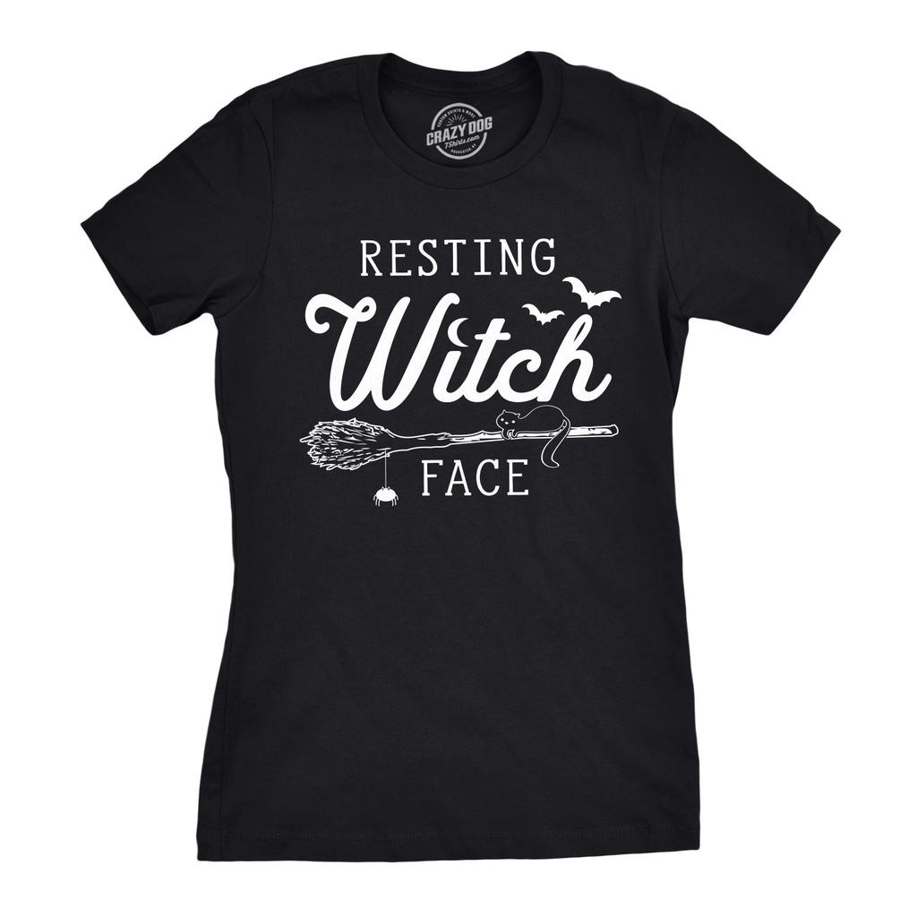 Womens Resting Witch Face T Shirt Funny Halloween Broomstick Tee For Ladies