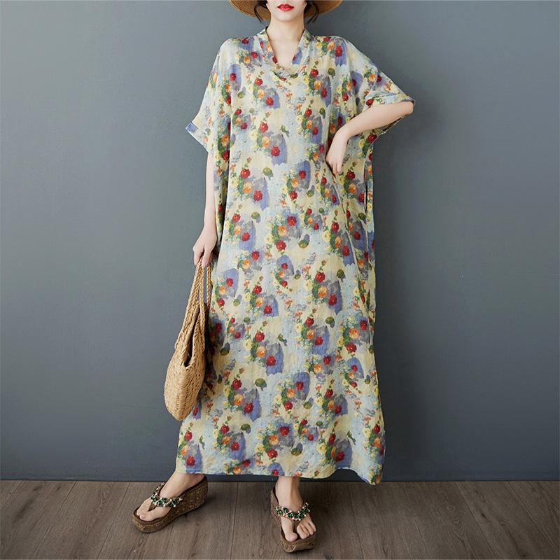 Dimanaf 2025 Лето Женщин Плюс Размер Свободное Платье Цветочный Принт Короткий Рукав Платье Базовое Повседневное Платье Винтаж Макси