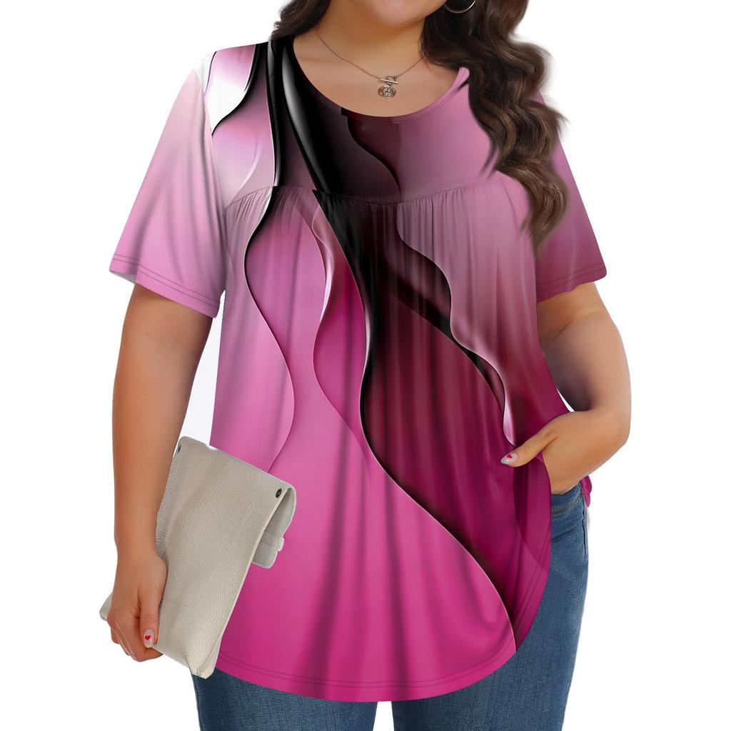 Women's Fashion Casual Print Round Neck Short Sleeve Top Womens Plus Size Tops