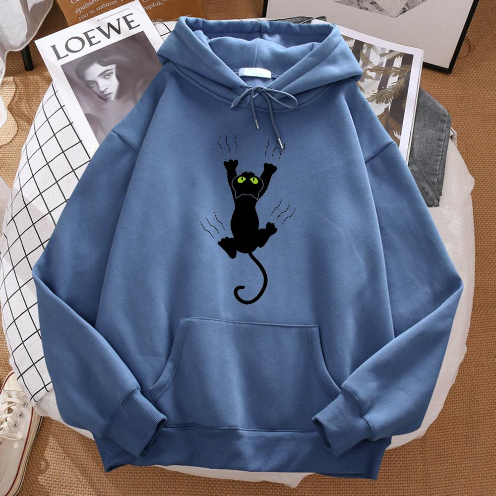 Naughty Black Cat Print Women's Hooded Hip-hop Comfortable Sweatshirt Cartoon Soft Hooded Harajuku Sportswear