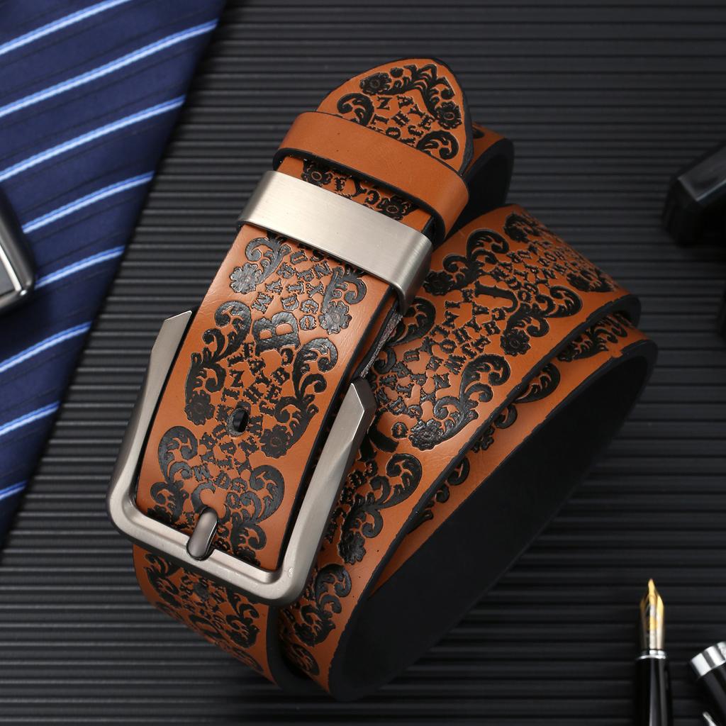 Мужской тисненый перфорированный ремень, пряжка из искусственной кожи, пряжка из сплава, всесезонный ремень