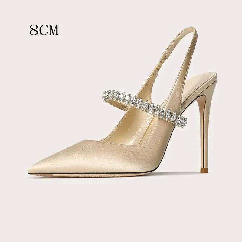 Fashion Women's Diamond Bao Head Sandals 2025 New Thin Heel Pointed Sheepskin Leather High Heels Women's Wedding Shoes Size 34-45