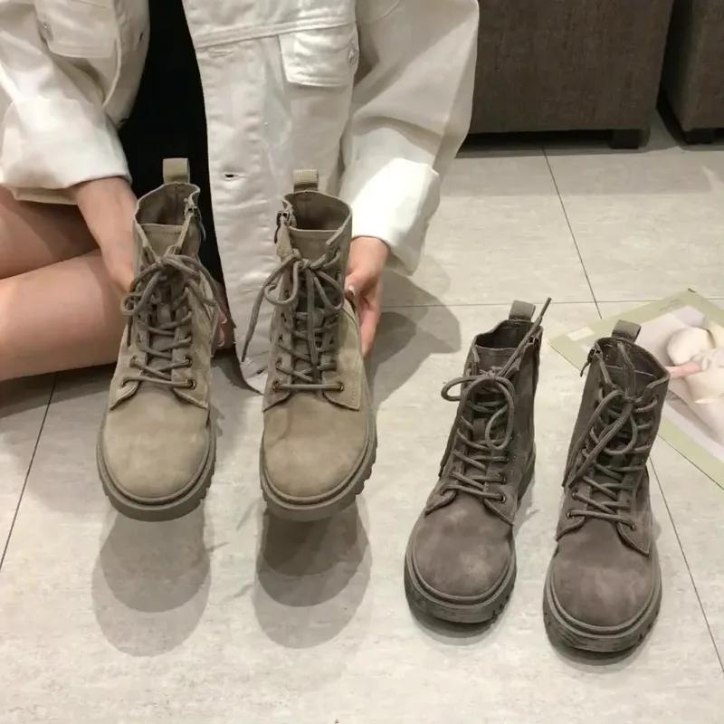 Ботинки на платформе для женщин весна-осень мода ретро щиколотка квадратный каблук шнуровка обувь женские ботинки