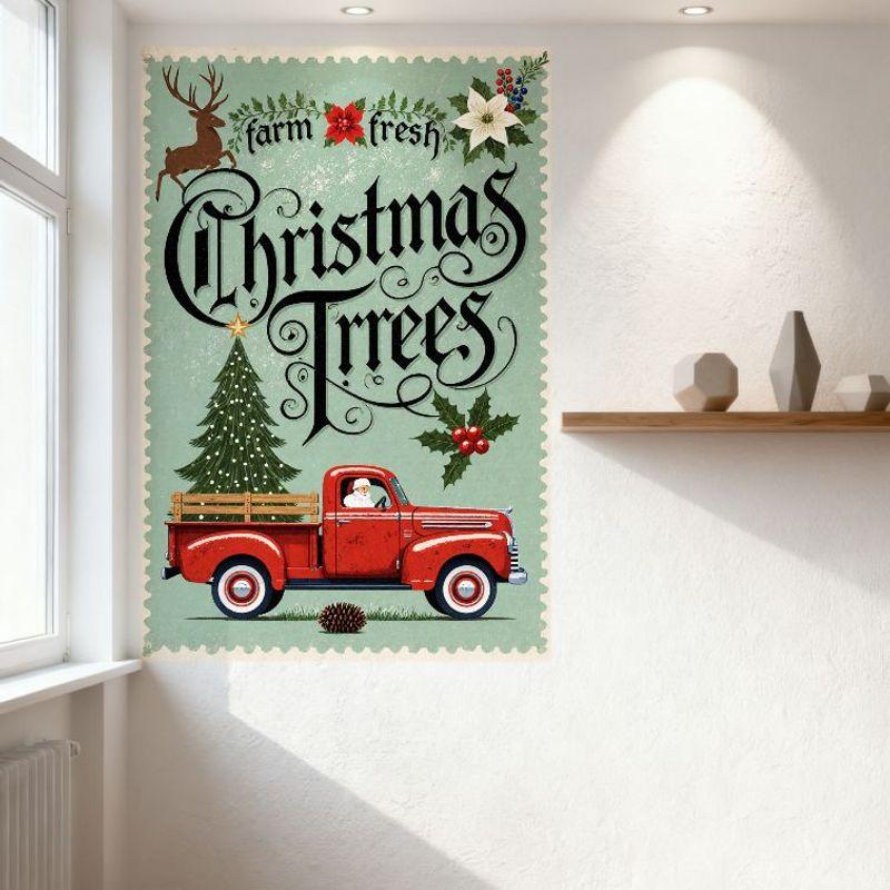 Vintage Christmas Farm Fresh Metal Tin Sign with Deer, Poinsettia, Christmas Tree, Santa Truck for Home Wall Decor