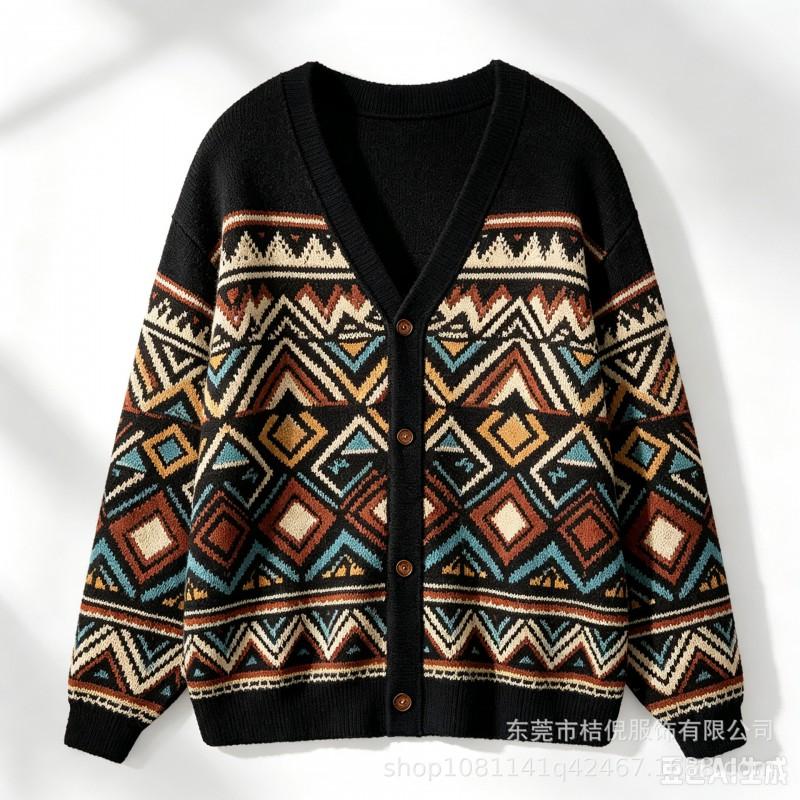 Womens V-Neck Long Sleeve Button-Up Knit Cardigan With 3D Digital Print Loose Fit Casual Outerwear Winter