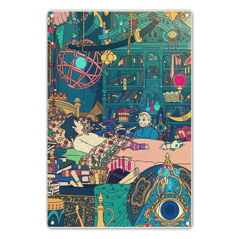 Винтажный японский стиль аниме металлический знак плакат, наклейки на стену с пейзажем, декор для дома, мультяшная живопись, подарки для детей